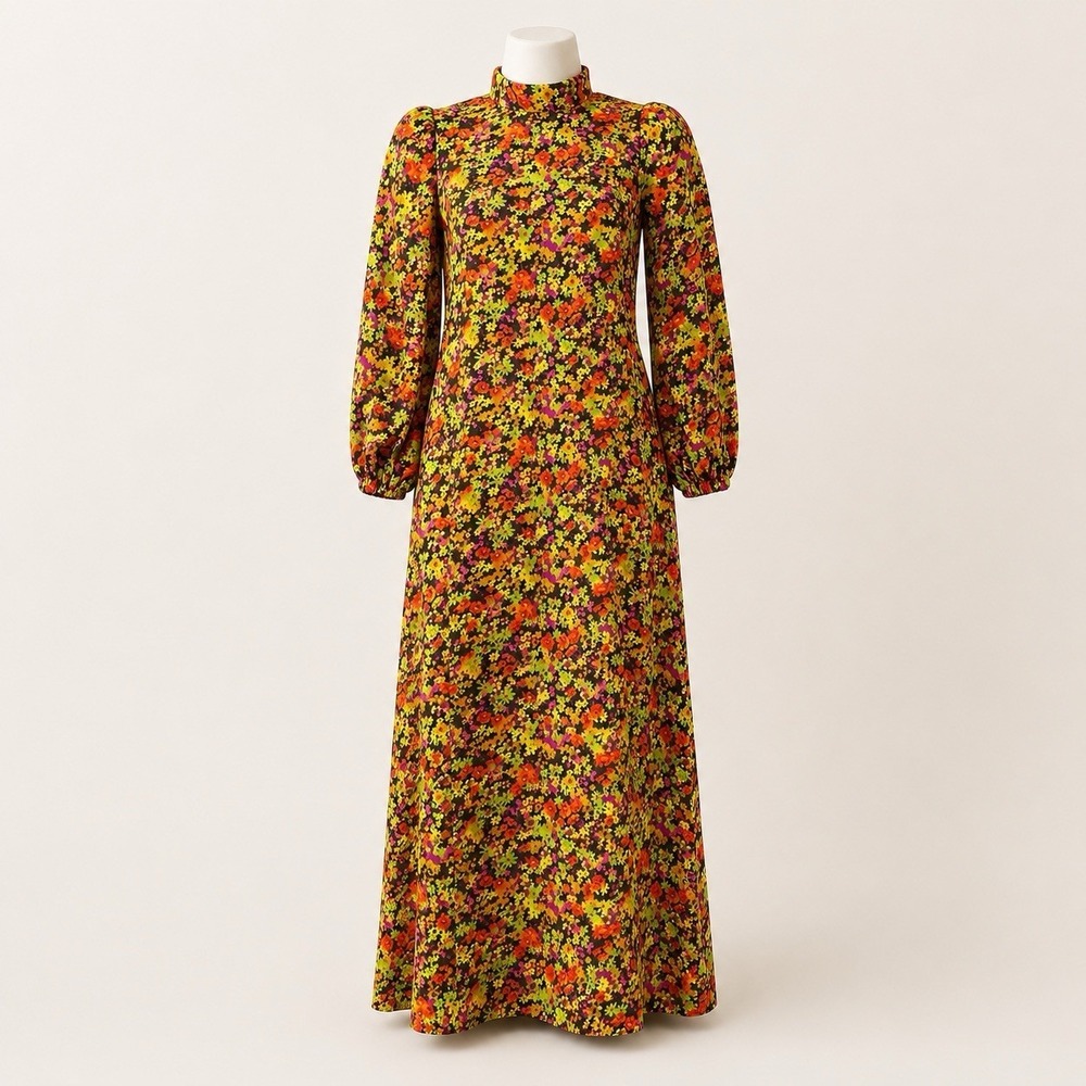 Vtg Handmade Floral Maxi Dress XS Neon Mod Psychedelic Cottagecore 60s 70s Retro